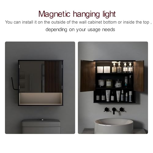 Bathroom Cabinet with Mirror & LED, Wall Mounted Bathroom Cabinet,Side Hook | Magnetic mirror Door,Detachable magnetic Light ,Adjustable Shelves,Side Hook,Open Bottom Shelf,Wood Grain,Over Toilet Mount - color: Black&walnut