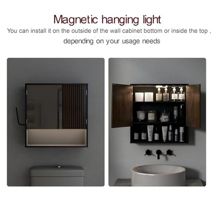 Bathroom Cabinet with Mirror & LED, Wall Mounted Bathroom Cabinet,Side Hook | Magnetic mirror Door,Detachable magnetic Light ,Adjustable Shelves,Side Hook,Open Bottom Shelf,Wood Grain,Over Toilet Mount - color: Black&walnut