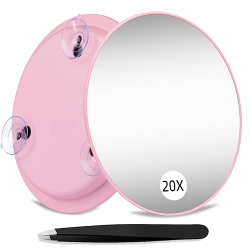 20X Magnifying Mirror with 3 Suction Cups, Large 6inch Magnified 20X Travel Round Makeup Make up High Magnification Mirror with Tweezers Sets - color: 20x -Pink