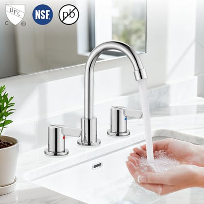Bathroom Sink Faucet 3 Hole, 8 Inch Widespread, Polish Chrome | Lead-Free SUS304 Stainless Steel 8-Inch Widespread Bathroom Faucet with Pop-Up Drain & Supply Lines - color: Polish Chrome