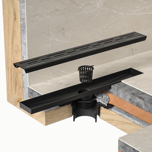 Linear Shower Drain 32" Matte Black 304 Stainless Steel | with Drain Grate| Fast Drainage | Stainless Floor Drain Grate | Hair Strainer | Drain Key | The Upgrade for Your Bathroom - size: 32 Inch