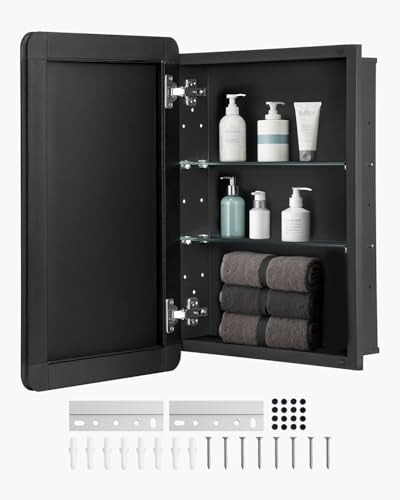VEVOR Medicine Cabinet, 16 x 24 inch, Medicine Cabinet for Bathroom with Mirror, Aluminum Frame Bathroom Wall Cabinet, 2-Layer Adjustable Shelves, Recessed & Wall-Mounted Installation - size: 16x24in