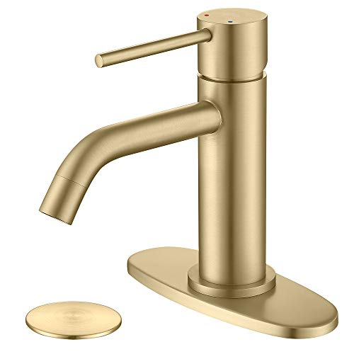 Brushed Gold Single Hole Bathroom Faucet, cUPC NSF Certificate Faucet | Brass Single Handle Bathroom Sink Faucet with Pop Up Drain Assembly and Deck Plate, 1 Handle Faucet for Vanity RV Restroom - color: Brushed Gold, size: Faucet with Deck Plate