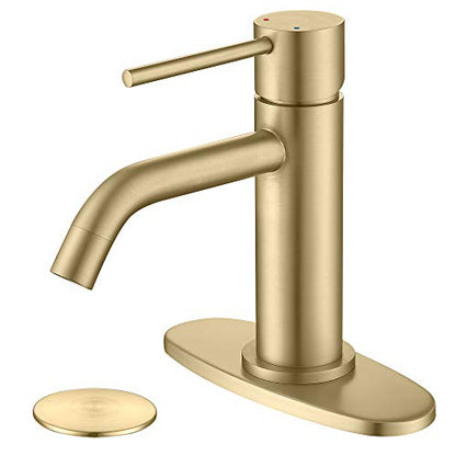 Brushed Gold Single Hole Bathroom Faucet, cUPC NSF Certificate Faucet | Brass Single Handle Bathroom Sink Faucet with Pop Up Drain Assembly and Deck Plate, 1 Handle Faucet for Vanity RV Restroom - color: Brushed Gold, size: Faucet with Deck Plate