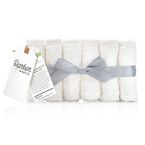 Parker Baby Co. 100% Cotton Muslin Baby Washcloths, 6-Pack White | Soft & absorbent wash cloths for newborn baths, face wiping and sensitive skin care