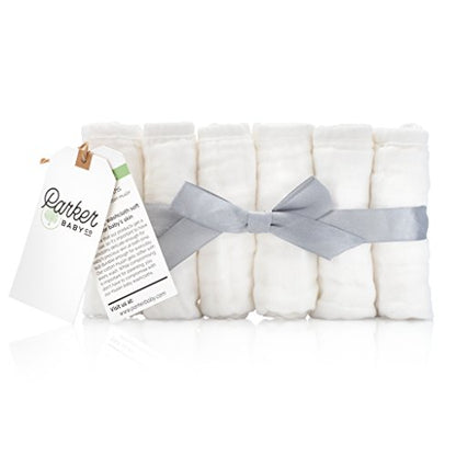 Parker Baby Co. 100% Cotton Muslin Baby Washcloths, 6-Pack White | Soft & absorbent wash cloths for newborn baths, face wiping and sensitive skin care