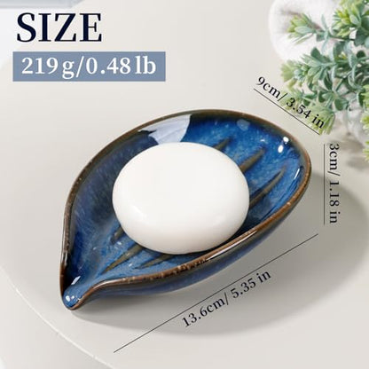 Soap Dish, Self-Draining Soap Holder, Leaf Shape Ceramic Bar Soap Holder Drain Soap Dishes for Bathroom Sink Kitchen, Easy to Clean Keeps Soap Dry, Blue, ANTIS'S HOME - color: Blue-1pcs