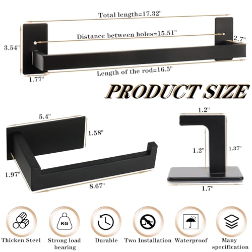 5 Pieces Self Adhesive Bathroom Hardware Set-SUS304 Stainless Steel-Towel Rack Set Include 16″Towel Bar+Toilet Paper Holder+3 Towel/Robe Hooks Bathroom Accessory (Matte Black, 16 in) - size: 16 IN