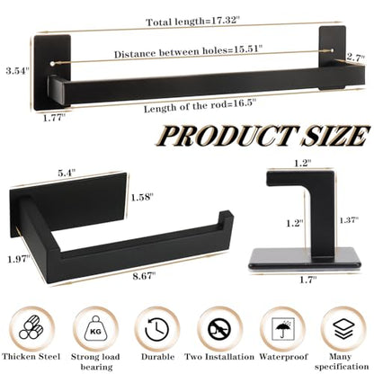 5 Pieces Self Adhesive Bathroom Hardware Set-SUS304 Stainless Steel-Towel Rack Set Include 16″Towel Bar+Toilet Paper Holder+3 Towel/Robe Hooks Bathroom Accessory (Matte Black, 16 in) - size: 16 IN