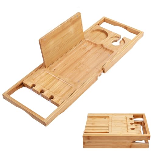 Utoplike Bamboo Bathtub Caddy Tray for Tub, Expandable Bath Table Trays | Adjustable, Bathroom Organizer with Book Tablet Stand, Wine Glass Cup, Towel Holder (24.5"-37.4") - color: 24.5-37.4 in
