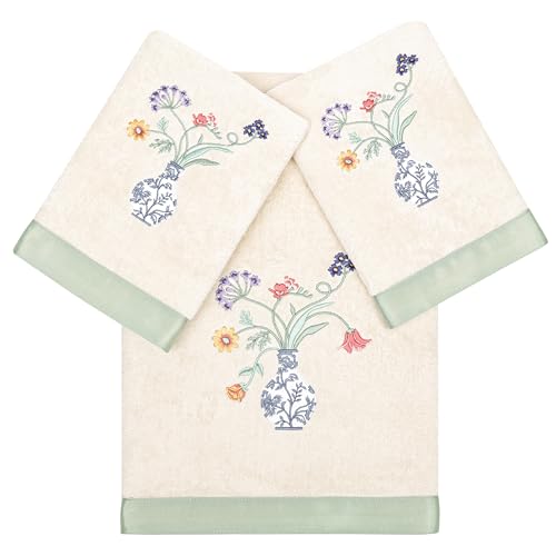 Floret 3-Piece Towel Set, Applique Flower & Vase Design, 100% Turkish Cotton, Ultra Absorbent & Soft, Cottage Style Decor, 1 Bath 2 Hand Towels, Beige - color: Beige, size: 1 Pc Bath 2 Pcs Hand Towel