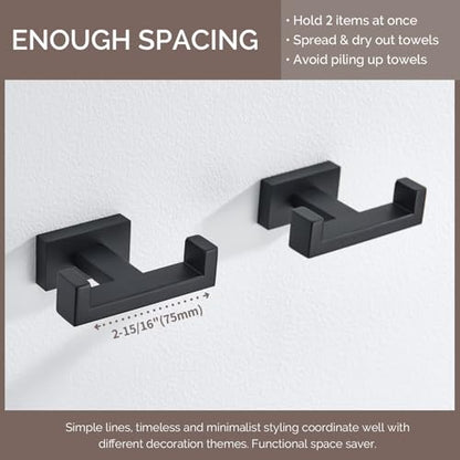 Angle Simple Bathroom Towel Hook Matte Black, Double Robe Coat Hook, 2 Pack | SUS304 Stainless Steel Shower Bath Hand Towel Holder, Modern and Versatile Hanging, Screw Wall Mount - color: Matte Black, size: 2 Pack