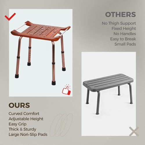 Teak Shower Bench with Handles, Waterproof Solid Wood Shower Stool, 7 Adjustable Shower Chair with Storage Towel Shelf & Drain Grooves, Easy Grip, Bathtub/Bathroom/Outdoor Use, 300 LBS