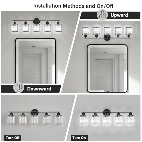 5 Light Bathroom Light Fixtures, Modern Crystal Vanity Lights over Mirror | Metal Frame, Bathroom Light with Square Crystal Shade, ETL Certified, E26 Ceramic Socket, Bulbs Not Included - color: Black, size: 5-Light