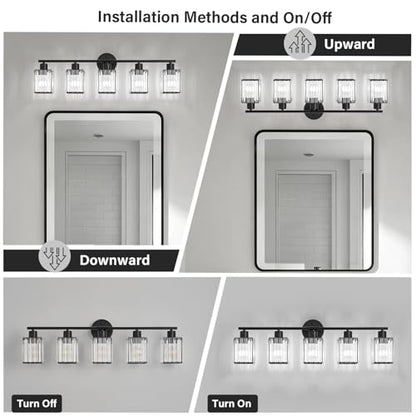 5 Light Bathroom Light Fixtures, Modern Crystal Vanity Lights over Mirror | Metal Frame, Bathroom Light with Square Crystal Shade, ETL Certified, E26 Ceramic Socket, Bulbs Not Included - color: Black, size: 5-Light