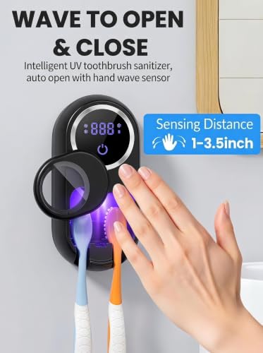 Toothbrush Sanitizer Holder, Wall-Mounted with Auto-Inductive Cover & 140°F Air Drying, Bathroom Organizer, Black