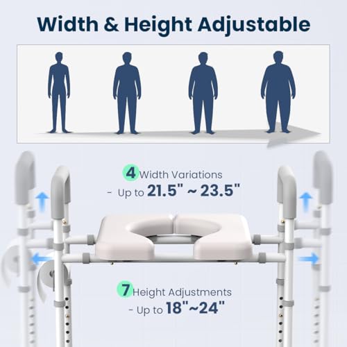 Raised Toilet Seat with Handles - Toilet Seat Riser for Seniors with Adjustable Width & Height, 400 lbs Elevated Toilet Seat Riser for Handicap, Disabled and Pregnant, Fit Any Toilet-Grey