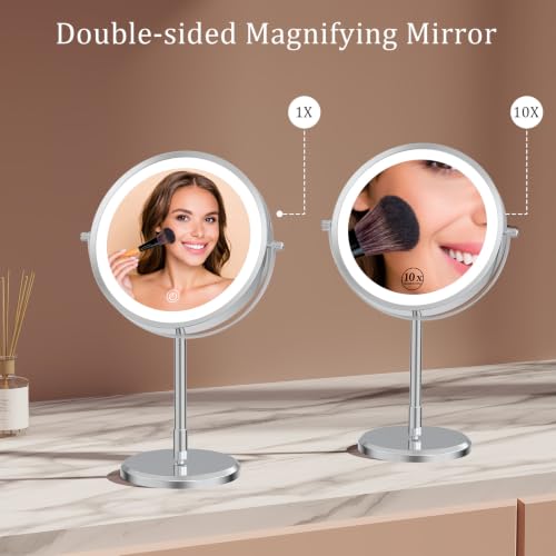 1X/10X Double Sided Travel Makeup Mirror with Lights, Chrome | 7" Lighted Makeup Mirror with Magnification for Traveling, Standing Alone, Rechargeable, Dimmable, 3 Lighting Colors, Silver