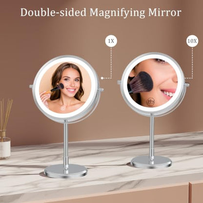1X/10X Double Sided Travel Makeup Mirror with Lights, Chrome | 7" Lighted Makeup Mirror with Magnification for Traveling, Standing Alone, Rechargeable, Dimmable, 3 Lighting Colors, Silver