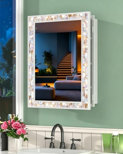 20"x26" Hand-Inlaid Natural Shell White Medicine Cabinet Mirror for Bathroom, Bedroom, Living Room, Entryway, Easy to Install Left or Right Opening Bathroom Wall Cabinet Recessed and Surface Mount - color: 20"x26"-white