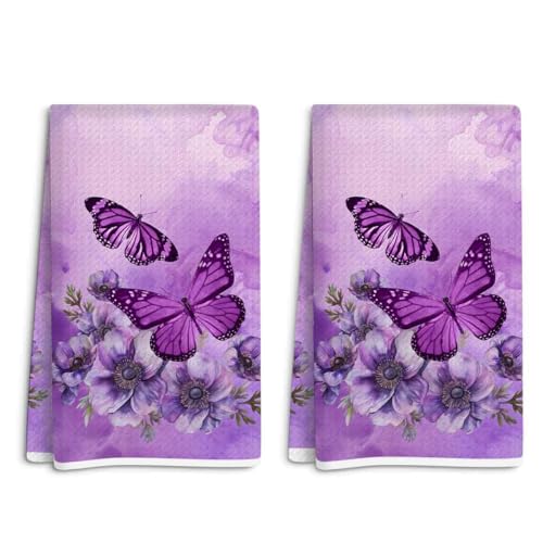 2 Pcs Purple Butterfly Floral Hand Towels, Soft Vintage Watercolor Floral Butterflies Pattern Drying Baking Cooking Cloth for Kitchens Homes Bathrooms Restaurant Hotel Cafe Farmhouse Decor - color: Multicolor 361