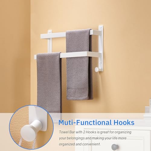 16 Inch Double Towel Bar for Bathroom with Hooks SUS 304 Stainless Steel Bath Towel Rack Wall Mounted White Finished - color: White, size: 16-Inch