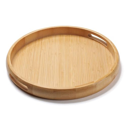 11.8" Round Bamboo Tray with Handles, Wood Serving Tray, Decorative Tray | Wooden Centerpiece Tray for Coffee Table, Kitchen, Living Room, Bedroom - size: 11.8"
