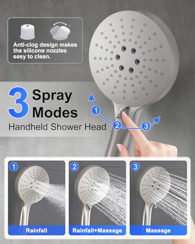 Iriber Brushed Nickel Shower head with Handheld,8"+10" Shower Faucet Set | 10 Inch Ceiling +8 Inch Wall Mount Dual Shower Heads,Push Button Diverter,3 Setting Handheld,Pressure Balance Valve Cartridge - color: Brushed Nickel 06