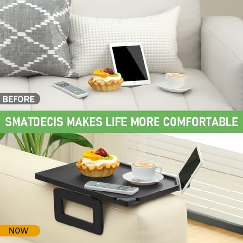 Smatdecis Couch Arm Tray Table Sofa Arm Clip, Armrest Tray Table Suitable for Home Drinks/Fast Food/Fruit Etc, Large Size Multi-Function Black(Dual Phone/Tablet Holder) - color: Black, size: 13" x 9.4"(Upgrade)