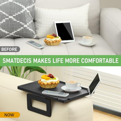 Smatdecis Couch Arm Tray Table Sofa Arm Clip, Armrest Tray Table Suitable for Home Drinks/Fast Food/Fruit Etc, Large Size Multi-Function Black(Dual Phone/Tablet Holder) - color: Black, size: 13" x 9.4"(Upgrade)