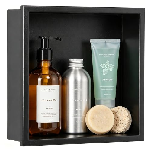 304 Stainless Steel Shower Niche 12” x 12” for Bathroom Storage | Waterproof Matte Black Recessed Shower Niche No Tile Needed with 2-Tier Shelves - size: 12 x 12 inch