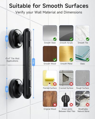 Upgraded Suction Shower Handle with Anti-Slip, Black | 2 Pack Grab Bars for Shower and Bathroom, Heavy Duty Removable Safety Grip Handrails Grab Bars for Bathtubs, No Drilling - color: Black