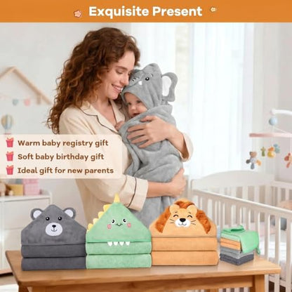 12 PCS Baby Bath Towels Set, Baby Towels for Newborn Bath Essentials | Ultra Soft Cozy, Thick & Absorbent, Cute Animal Hooded, 4 PCS Baby Towels & 8 PCS Washcloths, for Infants, Toddlers Boy Girl