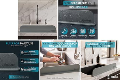 BENTLE Silicone Sink Splash Guard for Kitchen Sink - Modern Faucet Splash Guard, Non-Slip Countertop Water Protector, Dishwater Safe, Gray (19.2 x 1.9 x 3.3")