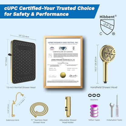 Hibbent cUPC Certified High Pressue 13'' Rainfall Shower Head with 5-Spray | Shower Heads with Handheld 10-Spray Combo, All Metal Easy Reach 4-way Diverter Arm, 71'' Hose & Holder, Brushed Gold - color: Brushed Gold, style: Square 13"