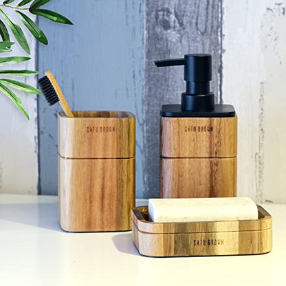 Bathroom Accessories Set 3 Piece Bath Ensemble Includes Soap Dispenser, Bathroom Tumbler, Soap Dish Accessories for Decorative Countertop and Housewarming Gift,Acacia Wood - style: Acacia Wood