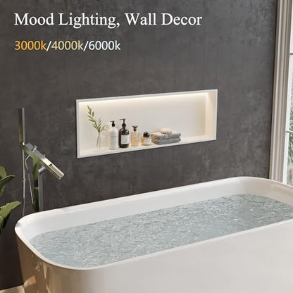 36"x12"White LED Shower Niche,3 CCT Dimmable Light, No Tile Needed | 304 Stainless Steel Bathroom Niche w/ Light(3000K/4000K/6000K), IP66 Waterproof, Space Saving & Durable ,LED Driver Included - color: White, size: 36X12In