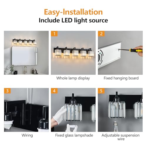 Modern Bathroom Vanity Light 5-Lights Plating Black Vanity Light Crystal Wall Light Bathroom Light Fixtures - color: Plating Black Crooked, size: 5-light
