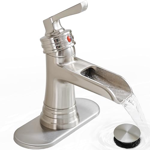 Brass Brushed Nickel Bathroom Faucet 3 Hole 4 Inch Waterfall Bathroom Faucet Single Hole, 1 Handle with Pop-up Drain, Deck Plate, cUPC Supply Pipes for Vanity, Restroom, 5 Mins Quick Install - color: Brushed Nickel