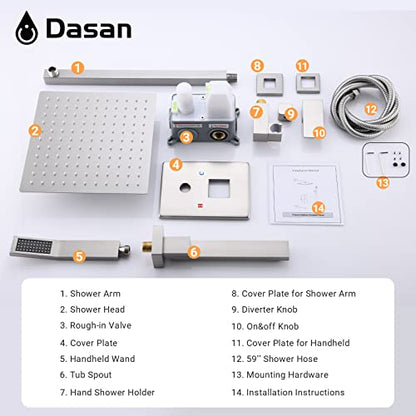 DASAN Tub Shower Faucets Sets Complete Brushed Nickel Bathtub Shower System with Tub Spout, Bathtub Faucet Set Tub and Shower Faucet Combo Trim Kit with Rough-in Valve, DA-SS03BN-S10W - color: Brushed Nickel