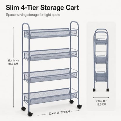 American Dream Matte Grey 4-Tier Mesh Basket Rolling Cart with Wheels Slim Metal Storage Organizer Trolley, 22.4" x 7.3" x 37.4" - color: Gray