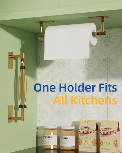 RUACQ Paper Towel Holder Under Cabinet, One Hand Tearing Paper Towel Holder with Damping Effect, Wall Mount & Adhesive Stainless Steel Paper Roll Holder for Kitchen Bathroom (Brushed Gold) - color: Brushed Gold, size: One Hand Tear - Rectangle