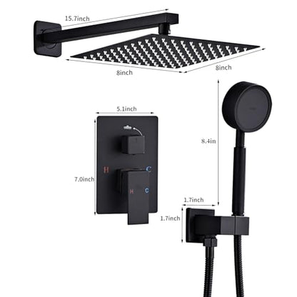 Matte Black Rainfall Shower Head, Wall Mounted 8 Inch Shower Heads with Handheld Spray Combo, Luxury Bathroom Square Rain Shower System, Solid Brass Pressure Balancd Shower Faucet Valve - color: Matte Black, style: 8 Inch