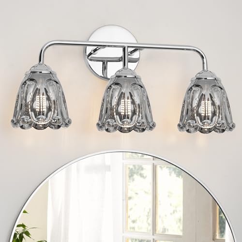 Daunton Vintage 3 Light Vanity Light, Chrome Bathroom Vanity Light, Bathroom Light Fixtures with Smokegray Glass Shade, Antique Vanity Light Fixtures Over Mirror, Wall Sconce for Bedroom, Living Room - color: Chrome+Smokegray, size: 18.1in