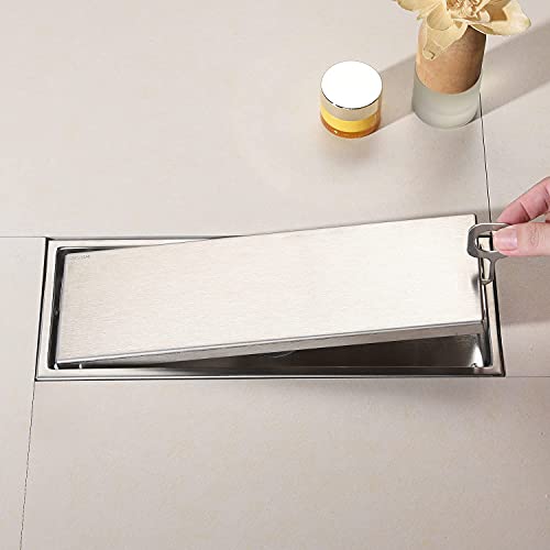 12 Inch Brushed Nickel Linear Shower Drain Pipe with Tile Insert Grille, Removable Hidden Cover, SUS304 Stainless Steel Rectangular Floor Drain - color: Brushed Nickel