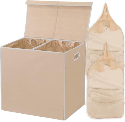 Simple Houseware Double Laundry Hamper with Lid & Removable Bags, Beige | Heavy Duty 600D Polyester, Water-Resistant Surface - color: Beige