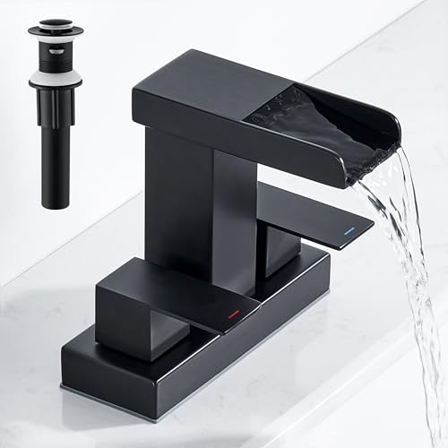 Waterfall Bathroom Faucet 2 or 3 Holes, Matte Black Bathroom Sink Faucet, 4 Inch Centerset Faucets, 2 Handles Waterfall Vanity Faucets, Pop Up Drain Assembly Included - color: Matte Black