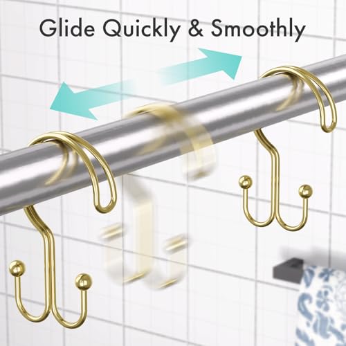 Bathway Gold Shower Curtain Hooks Ring, 12 Pcs Double Sided Shower Hooks, Rust Proof Metal Shower Hooks for Bathroom, Anti-Drop Shower Rings for Shower Curtain & Liners - color: Gold, style: Double-layer Shower Hooks
