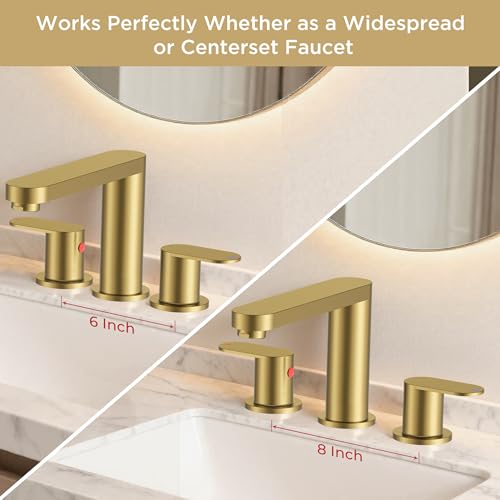 QFN Bathroom Faucet 3 Hole 8" Widespread Vanity Sink Faucet Brushed Gold | 304 Stainless Steel Bathroom Sink Faucet with Pop-up Drain, 6-12 Inch 3 Hole Install, for RV Laundry Farmhouse Restroom Sink - color: Brushed Gold, style: Round