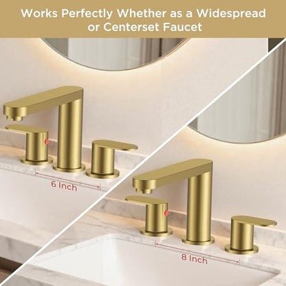 QFN Bathroom Faucet 3 Hole 8" Widespread Vanity Sink Faucet Brushed Gold | 304 Stainless Steel Bathroom Sink Faucet with Pop-up Drain, 6-12 Inch 3 Hole Install, for RV Laundry Farmhouse Restroom Sink - color: Brushed Gold, style: Round